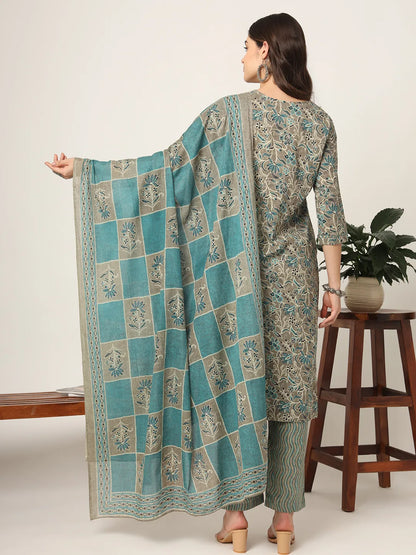 Cotton Teal And Grey Cotton Dori Embroidery Kurta Dupatta Pant Set