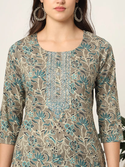 Cotton Teal And Grey Cotton Dori Embroidery Kurta Dupatta Pant Set