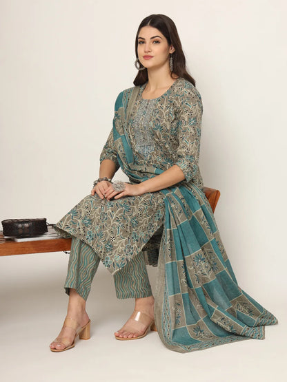 Cotton Teal And Grey Cotton Dori Embroidery Kurta Dupatta Pant Set