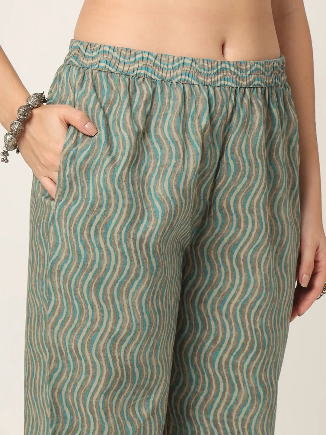 Cotton Teal And Grey Cotton Dori Embroidery Kurta Dupatta Pant Set