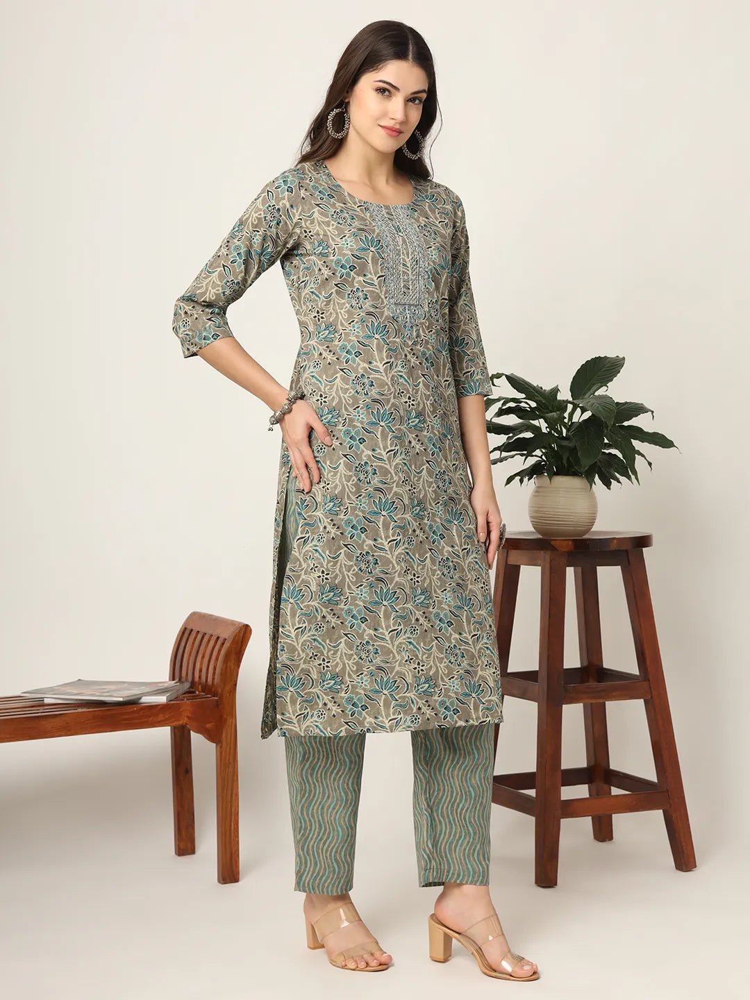 Cotton Teal And Grey Cotton Dori Embroidery Kurta Dupatta Pant Set