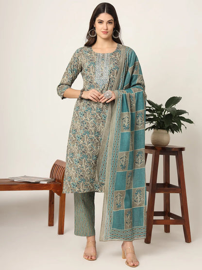 Women's Teal Cotton Cotton Teal Blue And Grey Cotton Dori Embroidery Kurta Dupatta Pant Set by Yufta, suitable for wholesale buyers, boutiques, retailers, resellers and bulk fashion orders from Trendphoria