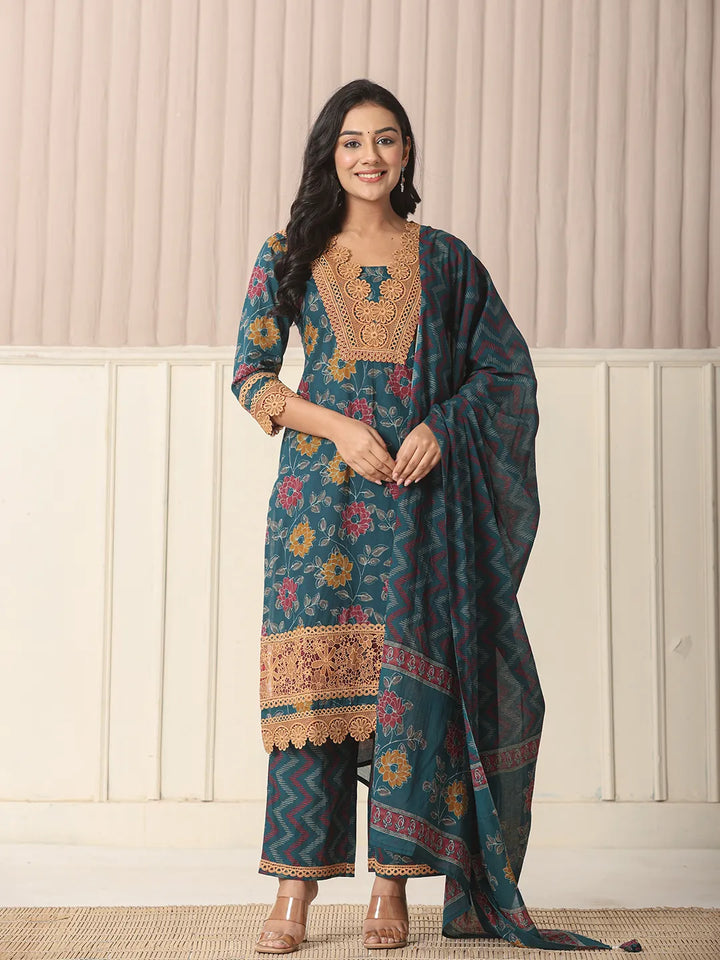 Cotton Teal Kurta Dupatta Set With Lace Detailing