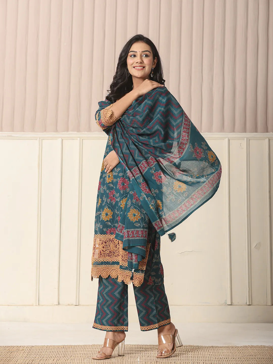 Cotton Teal Blue Kurta Dupatta Set With Lace Detailing