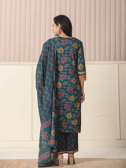 Cotton Teal Blue Kurta Dupatta Set With Lace Detailing