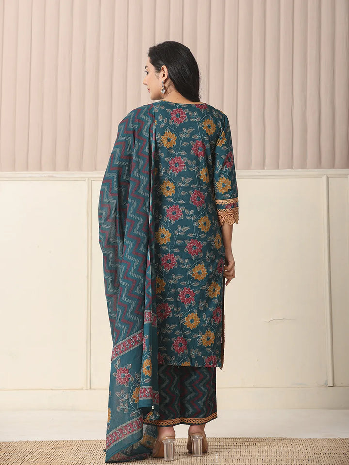 Cotton Teal Kurta Dupatta Set With Lace Detailing
