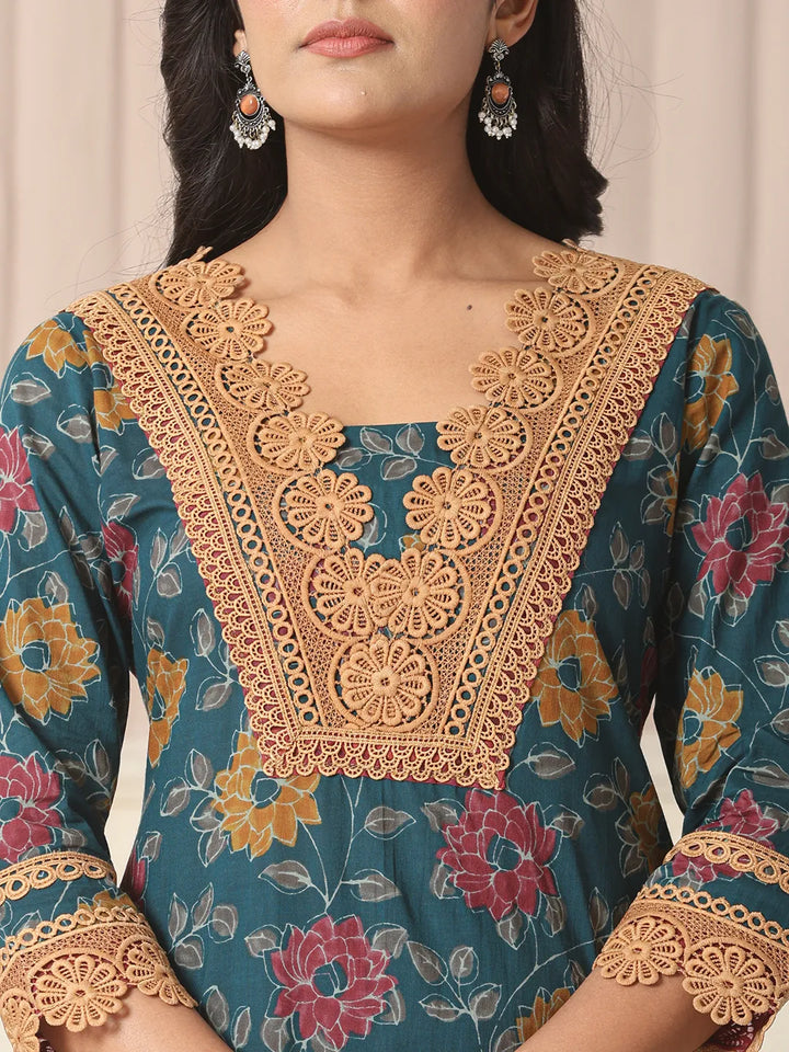 Cotton Teal Kurta Dupatta Set With Lace Detailing