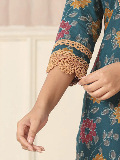 Cotton Teal Blue Kurta Dupatta Set With Lace Detailing