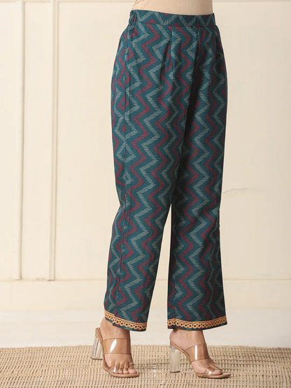 Cotton Teal Blue Kurta Dupatta Set With Lace Detailing