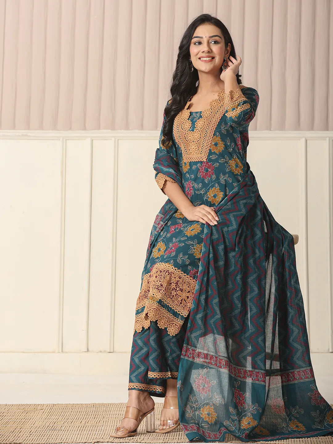 Cotton Teal Blue Kurta Dupatta Set With Lace Detailing