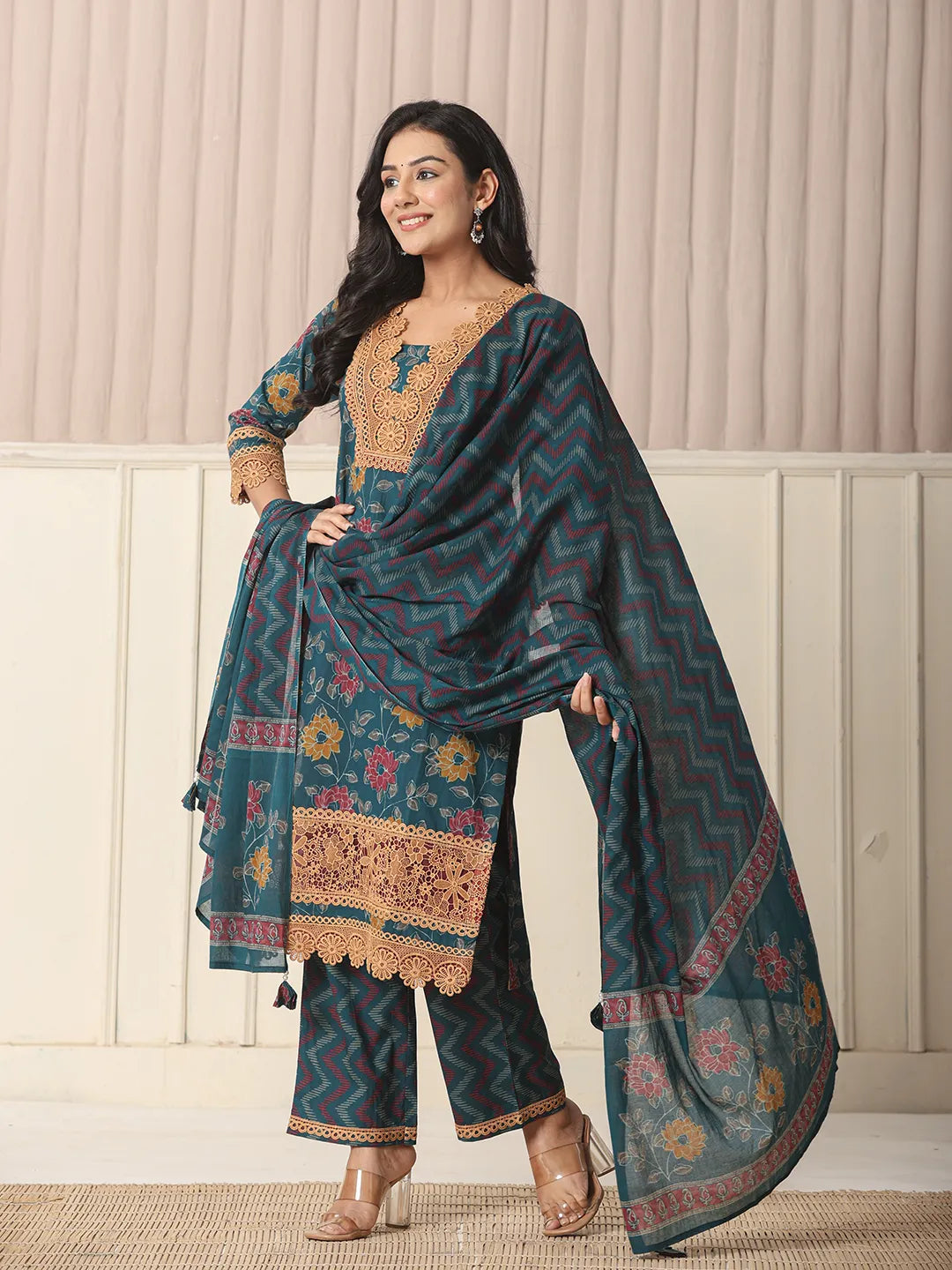 Cotton Teal Blue Kurta Dupatta Set With Lace Detailing