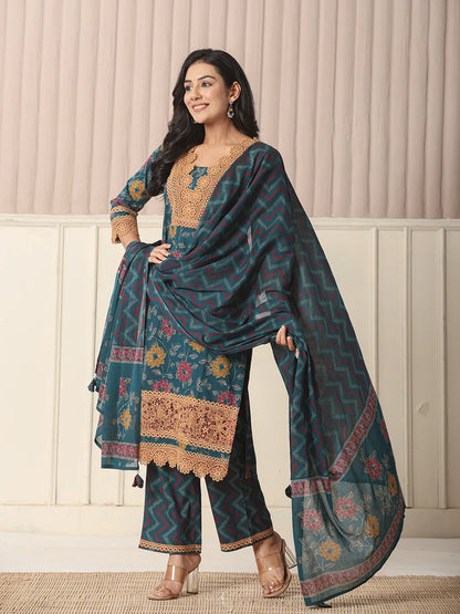 Cotton Teal Blue Kurta Dupatta Set With Lace Detailing