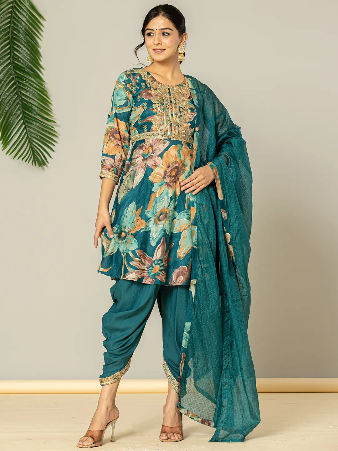 Cotton Teal Blue Zari Work Kurta Dhoti Dupatta Set
