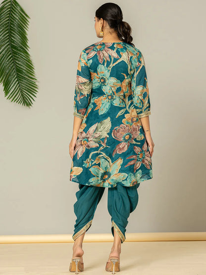Cotton Teal Blue Zari Work Kurta Dhoti Dupatta Set