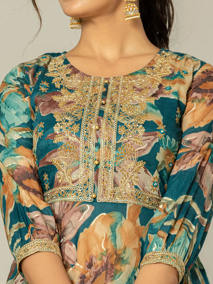 Cotton Teal Blue Zari Work Kurta Dhoti Dupatta Set