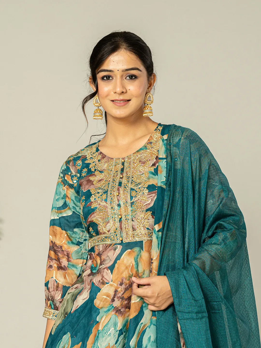 Cotton Teal Blue Zari Work Kurta Dhoti Dupatta Set