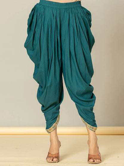 Cotton Teal Blue Zari Work Kurta Dhoti Dupatta Set