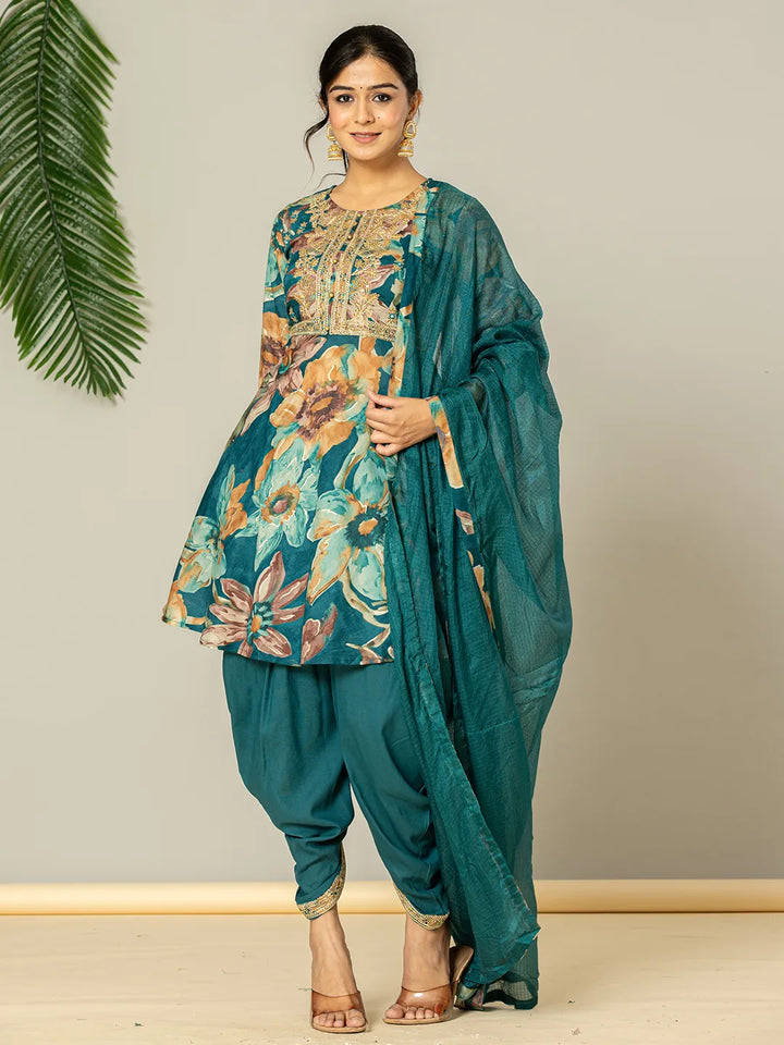 Cotton Teal Zari Work Kurta Dhoti Dupatta Set