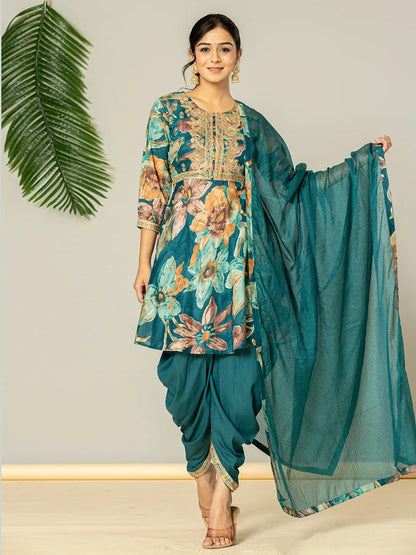 Cotton Teal Blue Zari Work Kurta Dhoti Dupatta Set