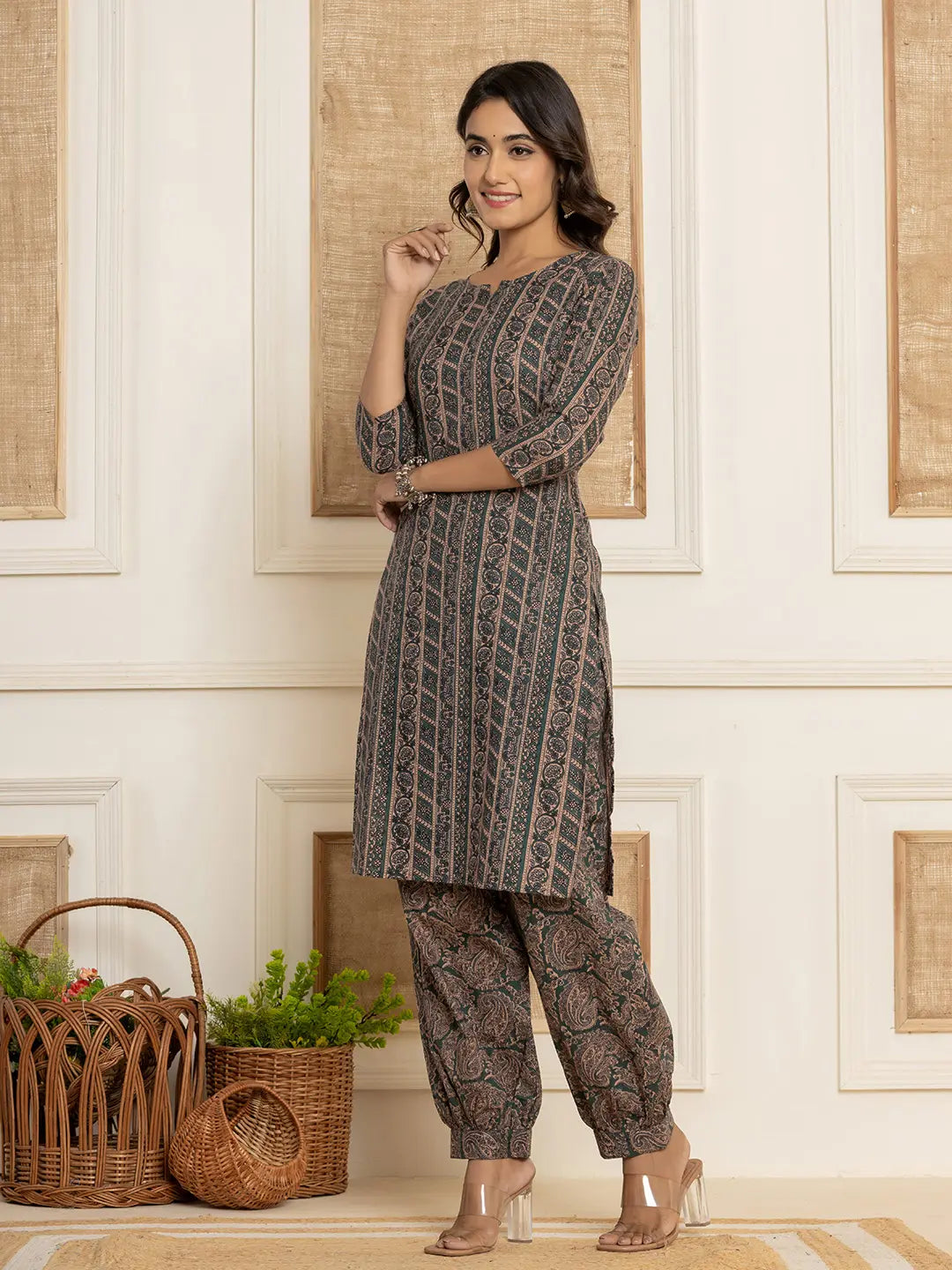 Cotton Teal Green Workwear Kurta Set With Comfortable Harem Pants
