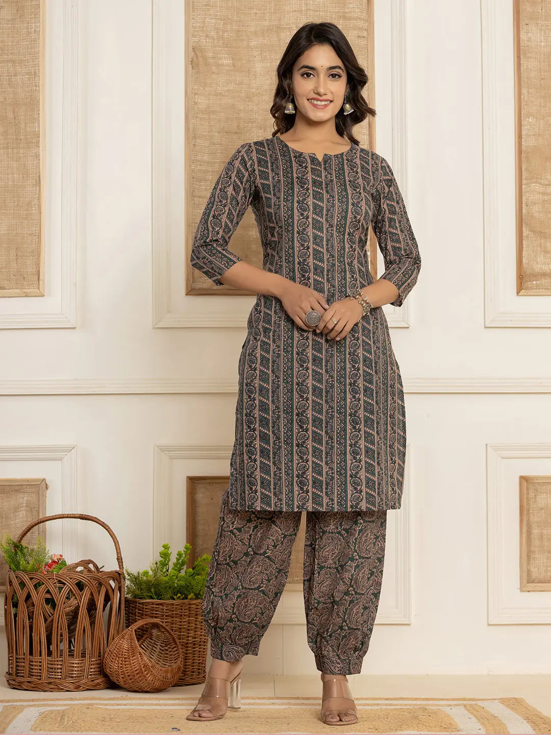 Cotton Teal Green Workwear Kurta Set With Comfortable Harem Pants