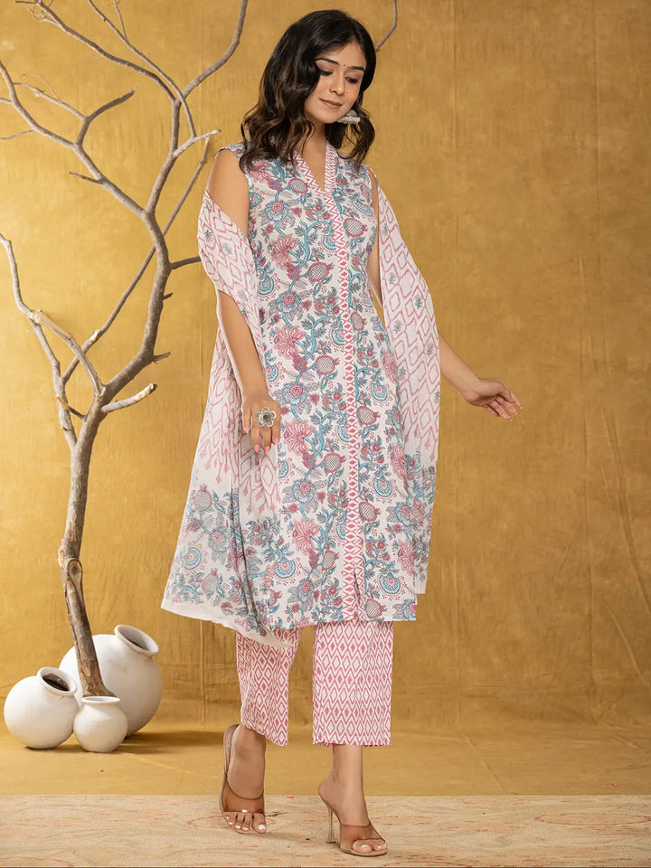 Cotton White Floral Print Kurta Dupatta Set