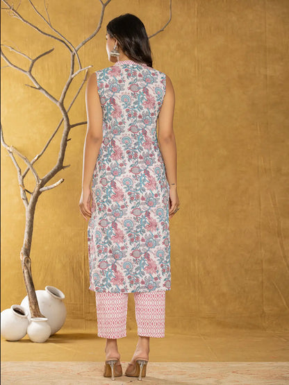 Cotton White Floral Print Kurta Dupatta Set