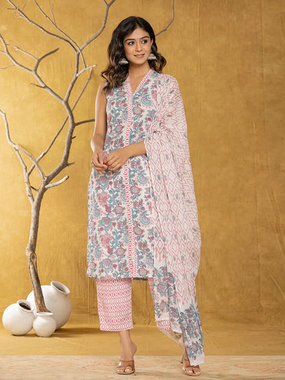 Cotton White Floral Print Kurta Dupatta Set