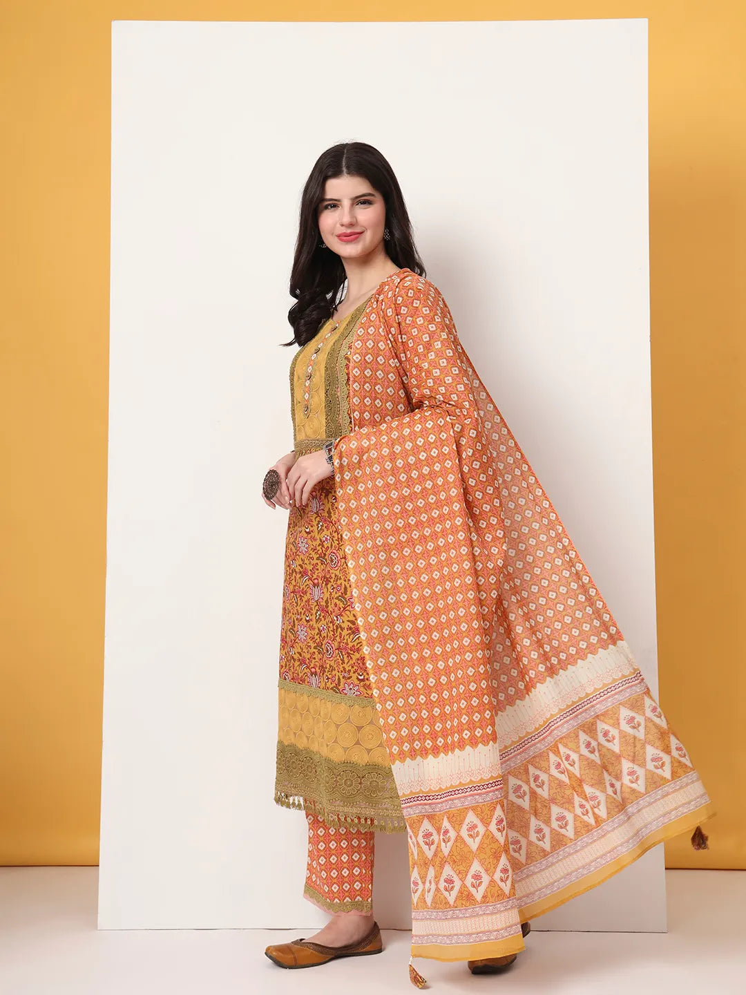 Cotton Yellow Kurta Dupatta Set With Lace Detailing