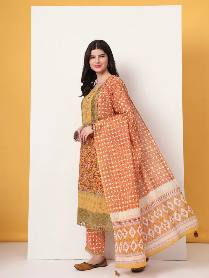Cotton Yellow Kurta Dupatta Set With Lace Detailing