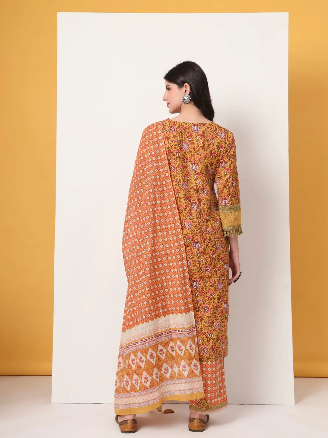 Cotton Yellow Kurta Dupatta Set With Lace Detailing