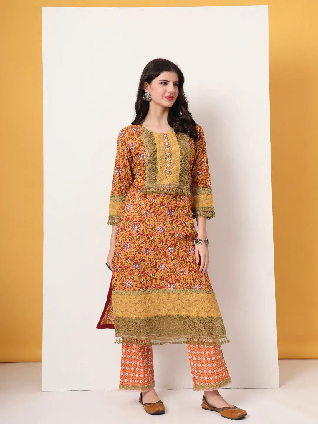 Cotton Yellow Kurta Dupatta Set With Lace Detailing