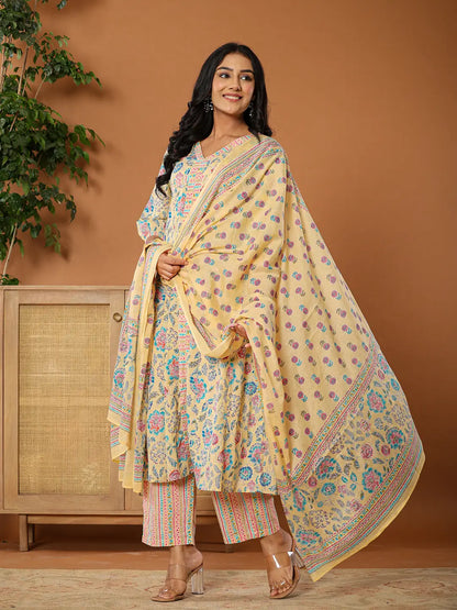 Cotton Yellow Kurta Dupatta Set
