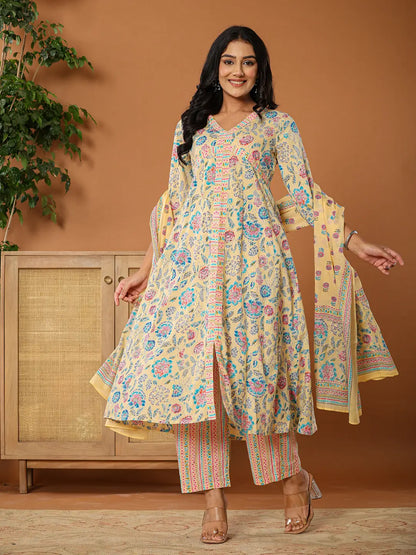 Cotton Yellow Kurta Dupatta Set
