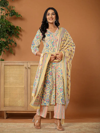 Cotton Yellow Kurta Dupatta Set