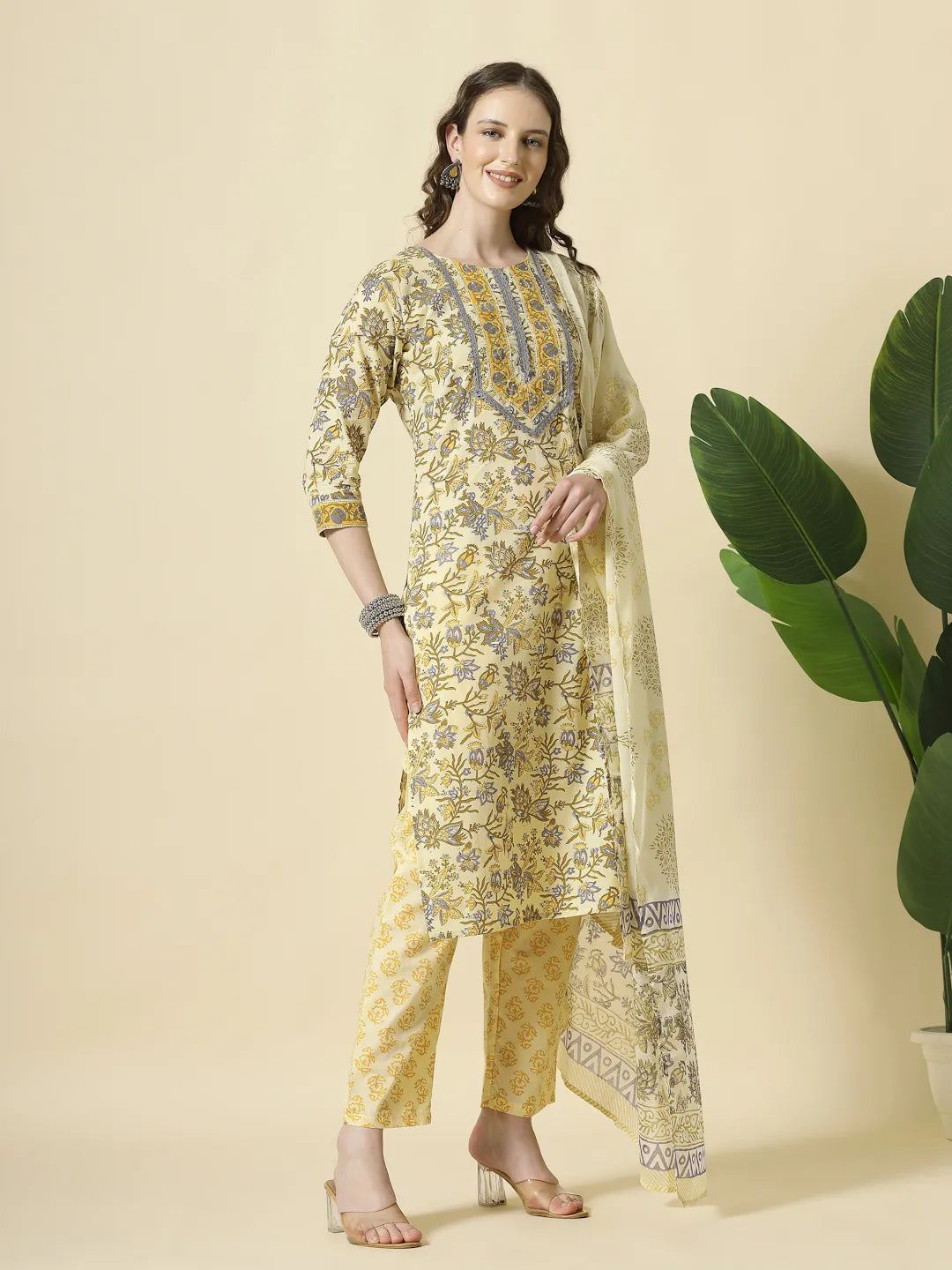 Cream And Brown Cotton Sequins Work Kurta Set With Pant & Dupatta