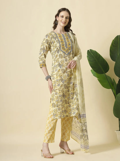 Cream And Brown Cotton Sequins Work Kurta Set With Pant & Dupatta