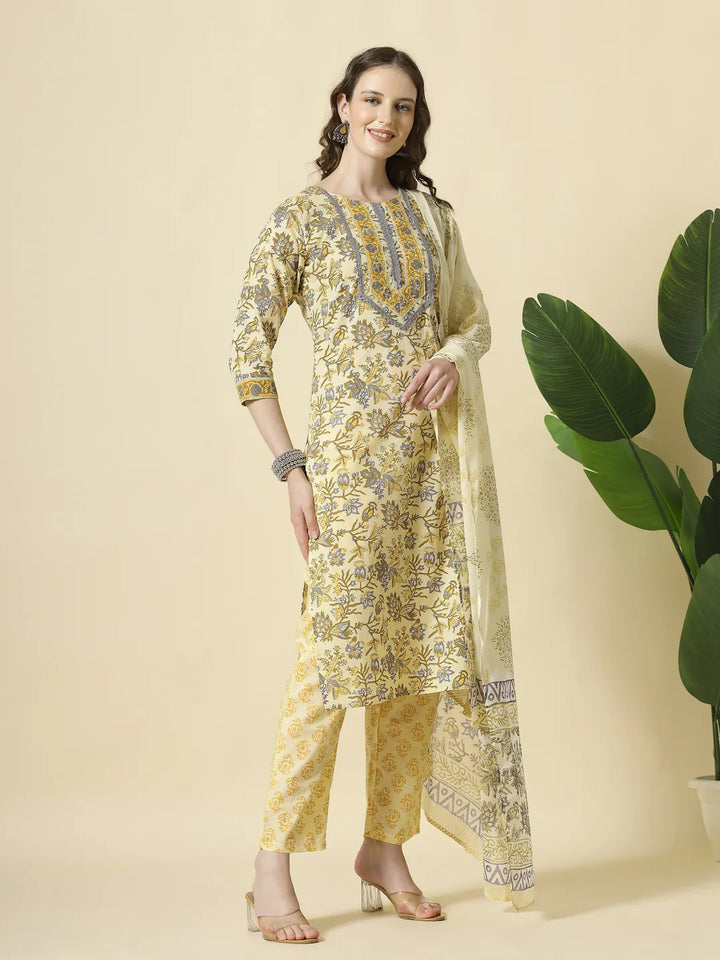 Cream And Brown Cotton Sequins Work Kurta Set With Pant &amp; Dupatta