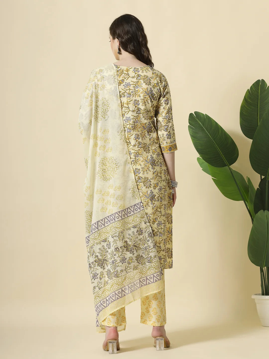 Cream And Brown Cotton Sequins Work Kurta Set With Pant & Dupatta