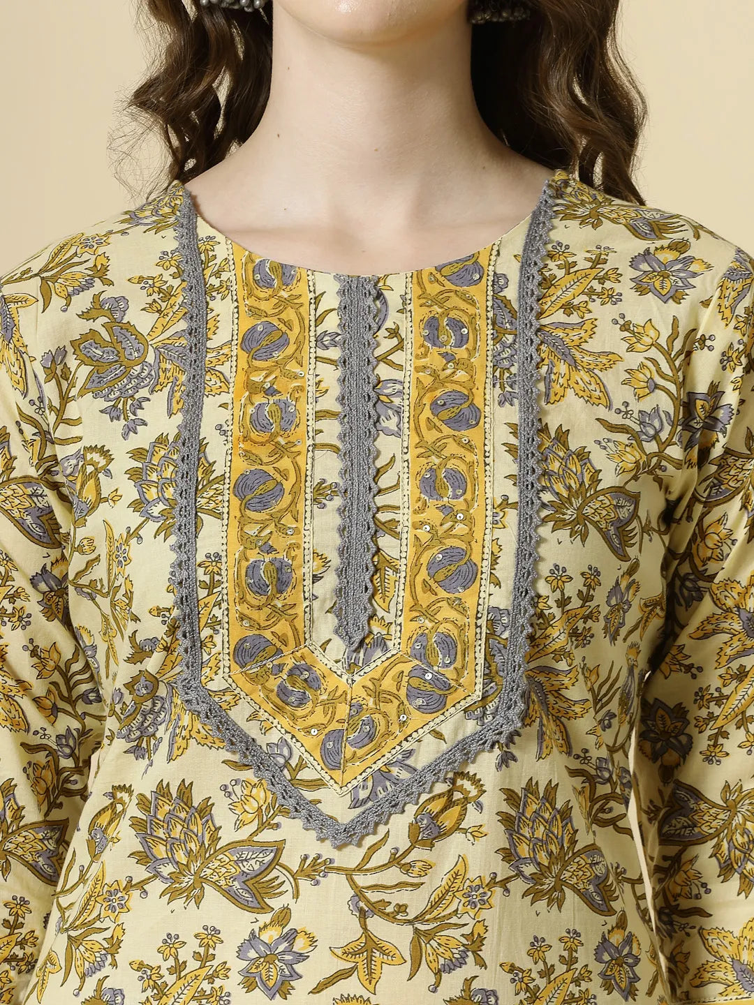 Cream And Brown Cotton Sequins Work Kurta Set With Pant & Dupatta