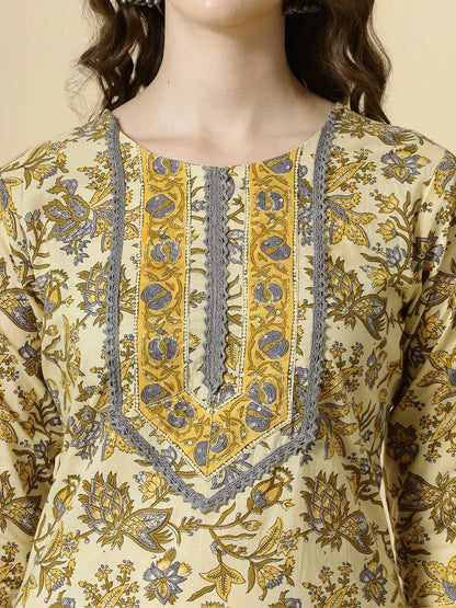 Cream And Brown Cotton Sequins Work Kurta Set With Pant & Dupatta