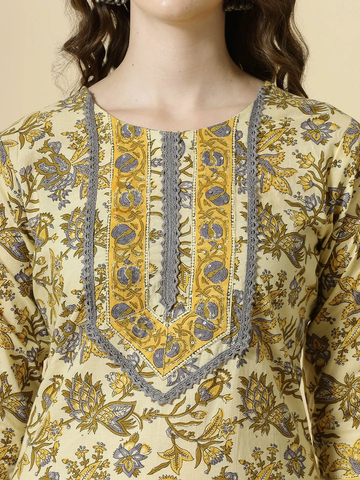 Cream And Brown Cotton Sequins Work Kurta Set With Pant &amp; Dupatta