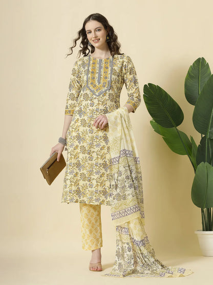 Cream And Brown Cotton Sequins Work Kurta Set With Pant & Dupatta