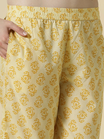 Cream And Brown Cotton Sequins Work Kurta Set With Pant & Dupatta