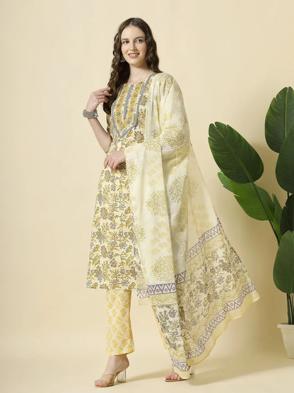 Cream And Brown Cotton Sequins Work Kurta Set With Pant & Dupatta