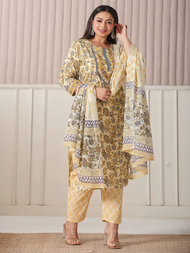 Cream And Brown Cotton Sequins Work Plus Size Kurta Set With Pant &amp; Dupatta
