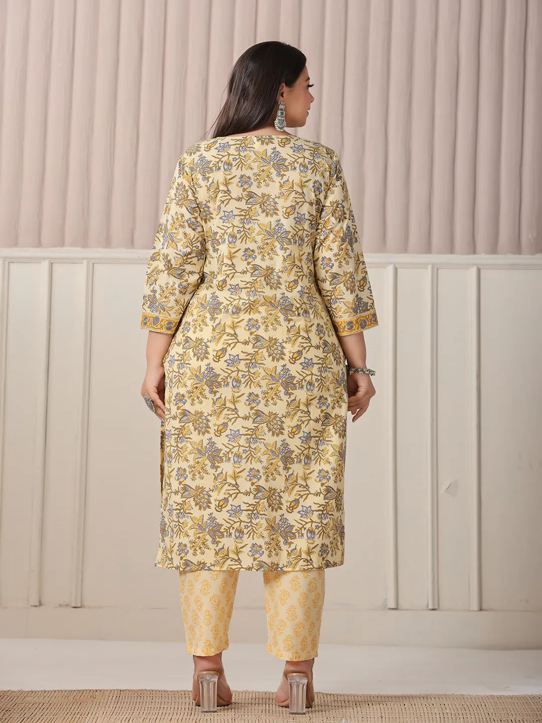 Cream And Brown Cotton Sequins Work Plus Size Kurta Set With Pant &amp; Dupatta