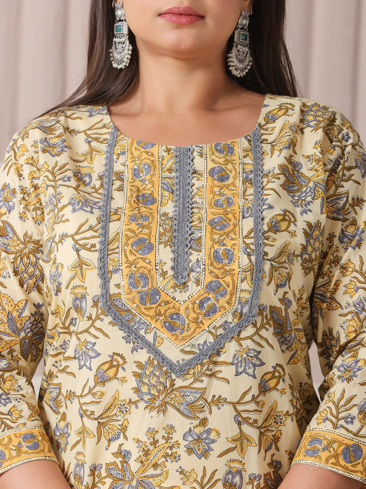 Cream And Brown Cotton Sequins Work Plus Size Kurta Set With Pant &amp; Dupatta