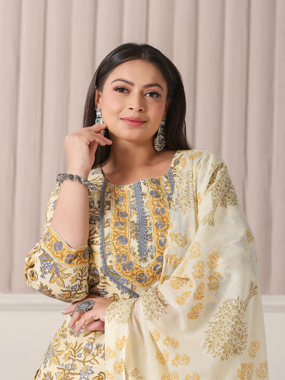 Cream And Brown Cotton Sequins Work Plus Size Kurta Set With Pant & Dupatta