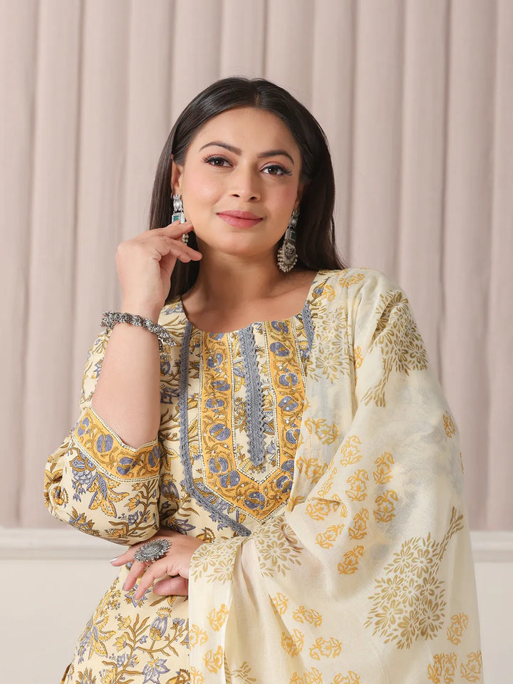 Cream And Brown Cotton Sequins Work Plus Size Kurta Set With Pant &amp; Dupatta